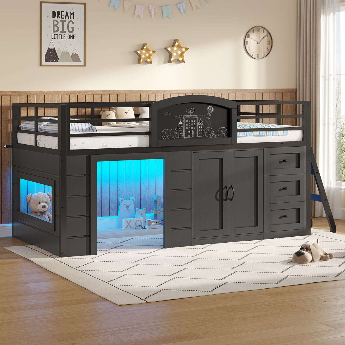 ADORNEVE Wooden Low Loft Bed Twin Size with 3 Drawers and Storage Cabinet LED Kids Loft Bed with Angled Ladder and Chalkboard Under-Bed Play Space