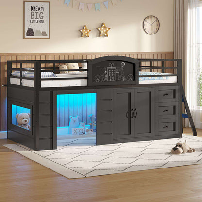 ADORNEVE Wooden Low Loft Bed Twin Size with 3 Drawers and Storage Cabinet LED Kids Loft Bed with Angled Ladder and Chalkboard Under-Bed Play Space