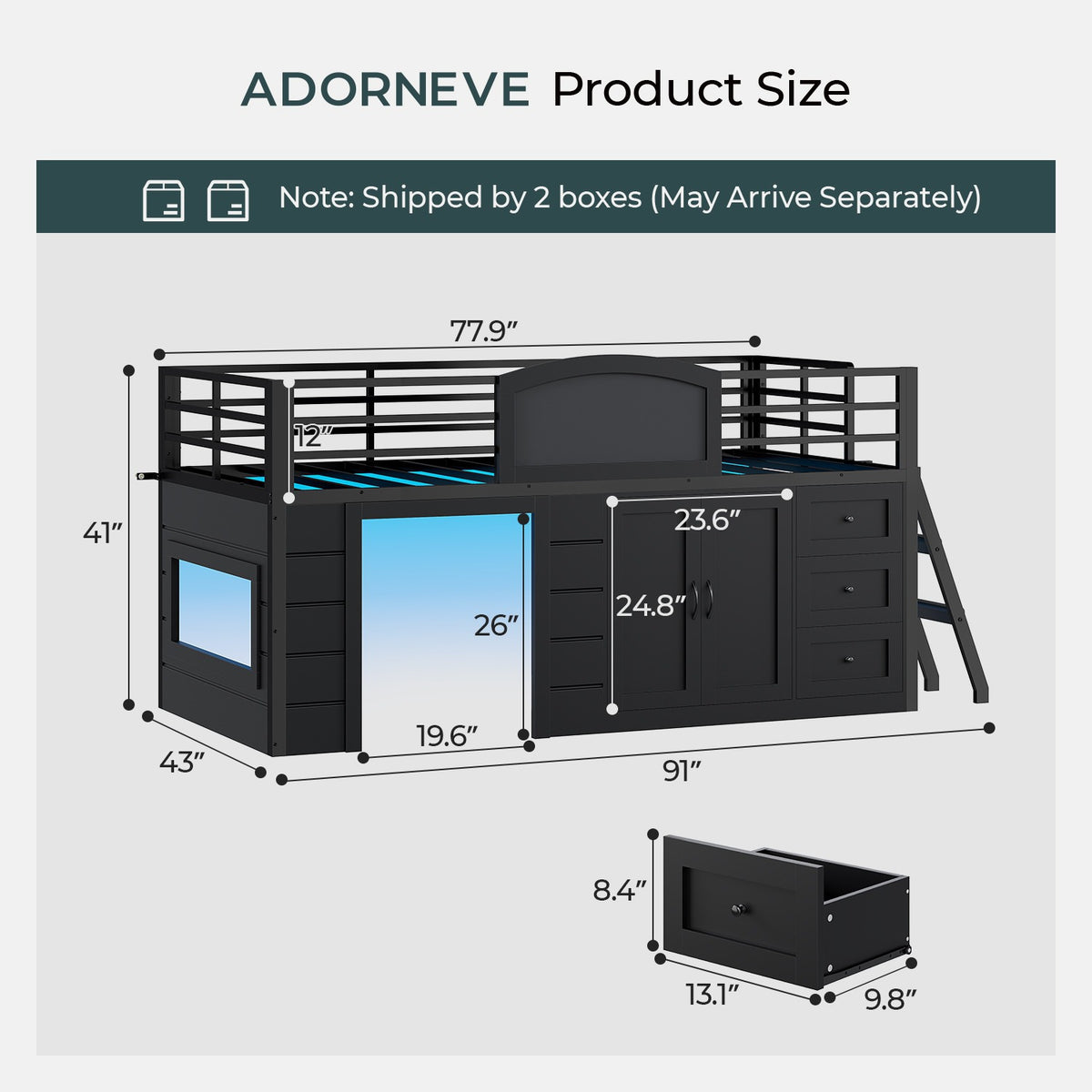 ADORNEVE Wooden Low Loft Bed Twin Size with 3 Drawers and Storage Cabinet LED Kids Loft Bed with Angled Ladder and Chalkboard Under-Bed Play Space