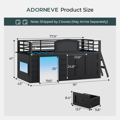ADORNEVE Wooden Low Loft Bed Twin Size with 3 Drawers and Storage Cabinet LED Kids Loft Bed with Angled Ladder and Chalkboard Under-Bed Play Space