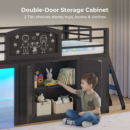 ADORNEVE Wooden Low Loft Bed Twin Size with 3 Drawers and Storage Cabinet LED Kids Loft Bed with Angled Ladder and Chalkboard Under-Bed Play Space