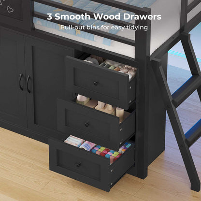 ADORNEVE Wooden Low Loft Bed Twin Size with 3 Drawers and Storage Cabinet LED Kids Loft Bed with Angled Ladder and Chalkboard Under-Bed Play Space