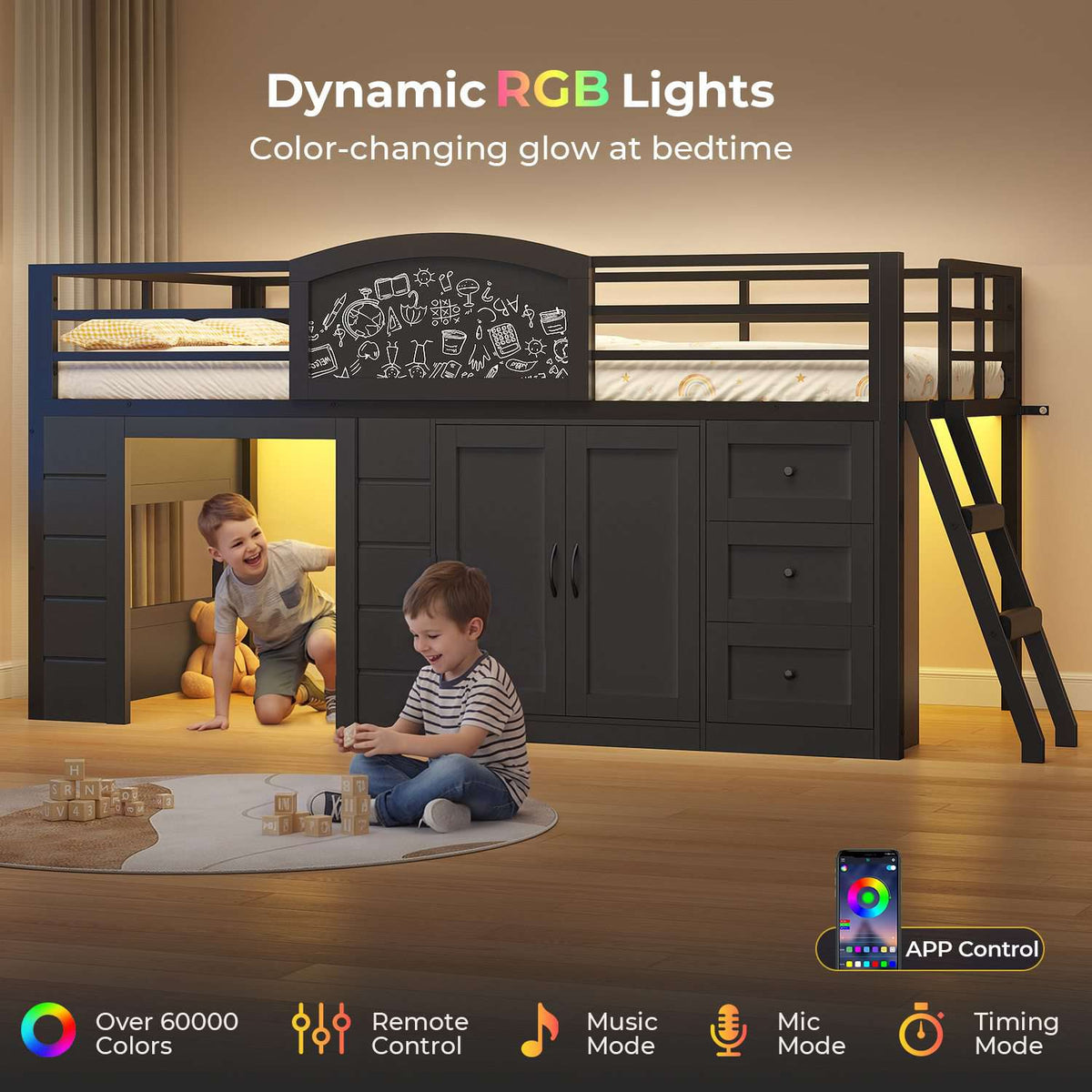 ADORNEVE Wooden Low Loft Bed Twin Size with 3 Drawers and Storage Cabinet LED Kids Loft Bed with Angled Ladder and Chalkboard Under-Bed Play Space