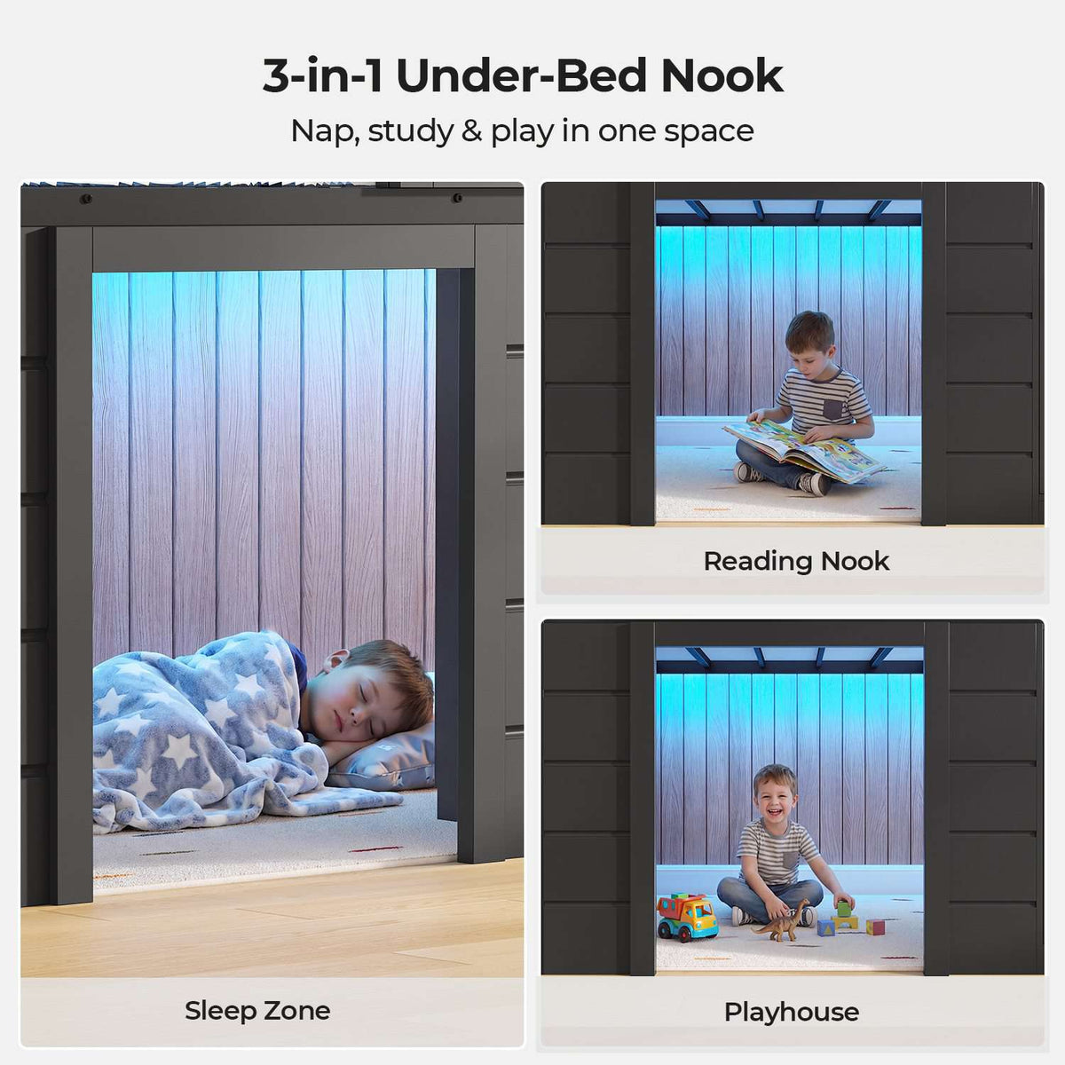 ADORNEVE Wooden Low Loft Bed Twin Size with 3 Drawers and Storage Cabinet LED Kids Loft Bed with Angled Ladder and Chalkboard Under-Bed Play Space