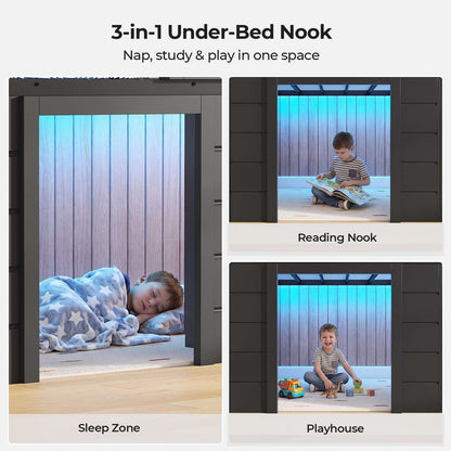 ADORNEVE Wooden Low Loft Bed Twin Size with 3 Drawers and Storage Cabinet LED Kids Loft Bed with Angled Ladder and Chalkboard Under-Bed Play Space