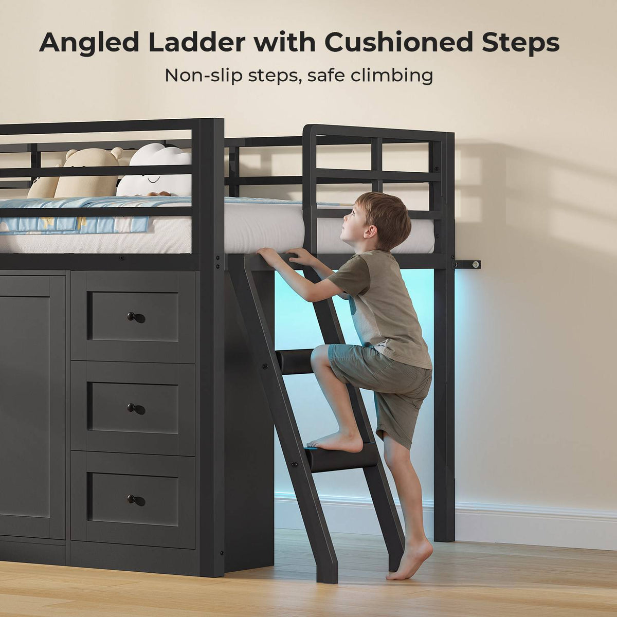 ADORNEVE Wooden Low Loft Bed Twin Size with 3 Drawers and Storage Cabinet LED Kids Loft Bed with Angled Ladder and Chalkboard Under-Bed Play Space