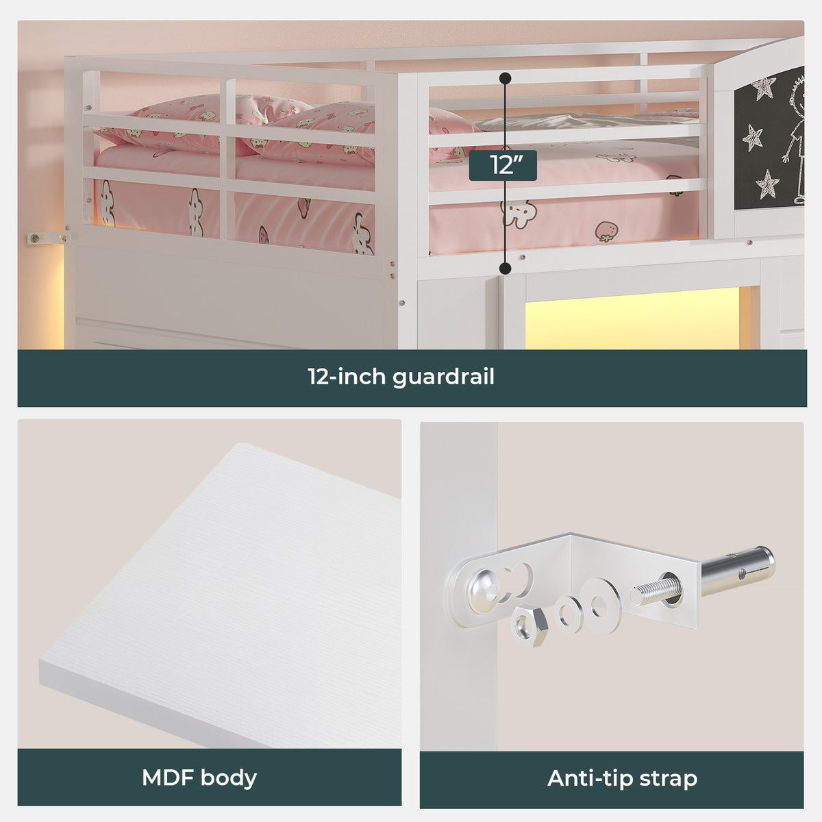 ADORNEVE Wooden Low Loft Bed Twin Size with 3 Drawers and Storage Cabinet LED Kids Loft Bed with Angled Ladder and Chalkboard Under-Bed Play Space