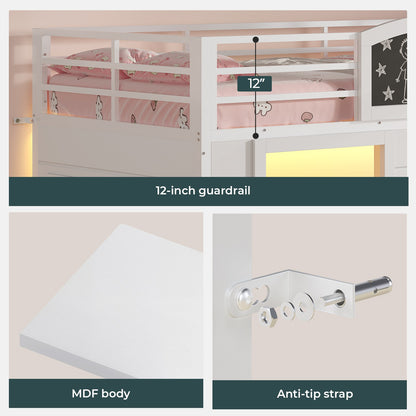 ADORNEVE Wooden Low Loft Bed Twin Size with 3 Drawers and Storage Cabinet LED Kids Loft Bed with Angled Ladder and Chalkboard Under-Bed Play Space