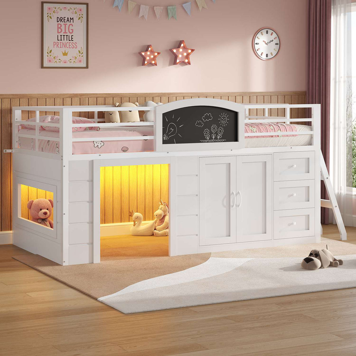 ADORNEVE Wooden Low Loft Bed Twin Size with 3 Drawers and Storage Cabinet LED Kids Loft Bed with Angled Ladder and Chalkboard Under-Bed Play Space