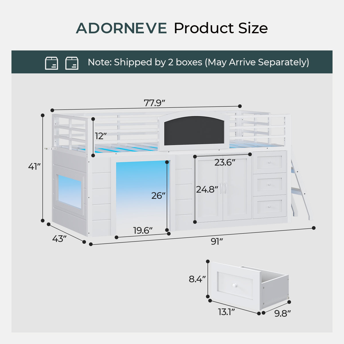 ADORNEVE Wooden Low Loft Bed Twin Size with 3 Drawers and Storage Cabinet LED Kids Loft Bed with Angled Ladder and Chalkboard Under-Bed Play Space