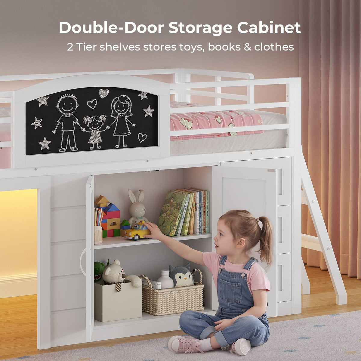 ADORNEVE Wooden Low Loft Bed Twin Size with 3 Drawers and Storage Cabinet LED Kids Loft Bed with Angled Ladder and Chalkboard Under-Bed Play Space
