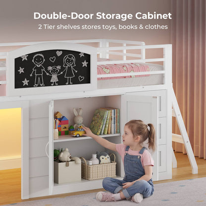 ADORNEVE Wooden Low Loft Bed Twin Size with 3 Drawers and Storage Cabinet LED Kids Loft Bed with Angled Ladder and Chalkboard Under-Bed Play Space