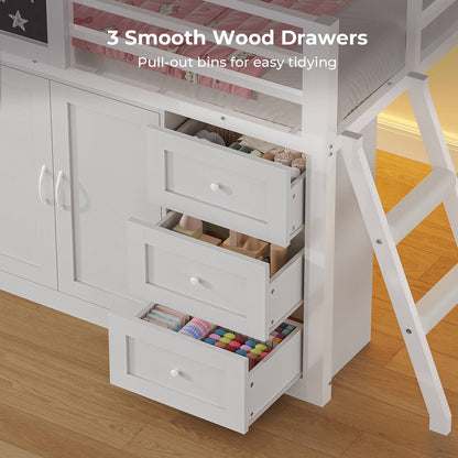 ADORNEVE Wooden Low Loft Bed Twin Size with 3 Drawers and Storage Cabinet LED Kids Loft Bed with Angled Ladder and Chalkboard Under-Bed Play Space