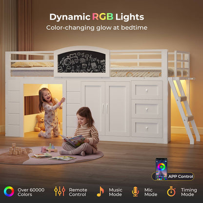 ADORNEVE Wooden Low Loft Bed Twin Size with 3 Drawers and Storage Cabinet LED Kids Loft Bed with Angled Ladder and Chalkboard Under-Bed Play Space