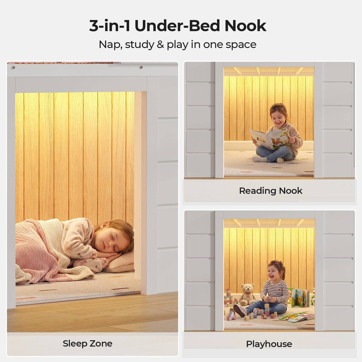 ADORNEVE Wooden Low Loft Bed Twin Size with 3 Drawers and Storage Cabinet LED Kids Loft Bed with Angled Ladder and Chalkboard Under-Bed Play Space