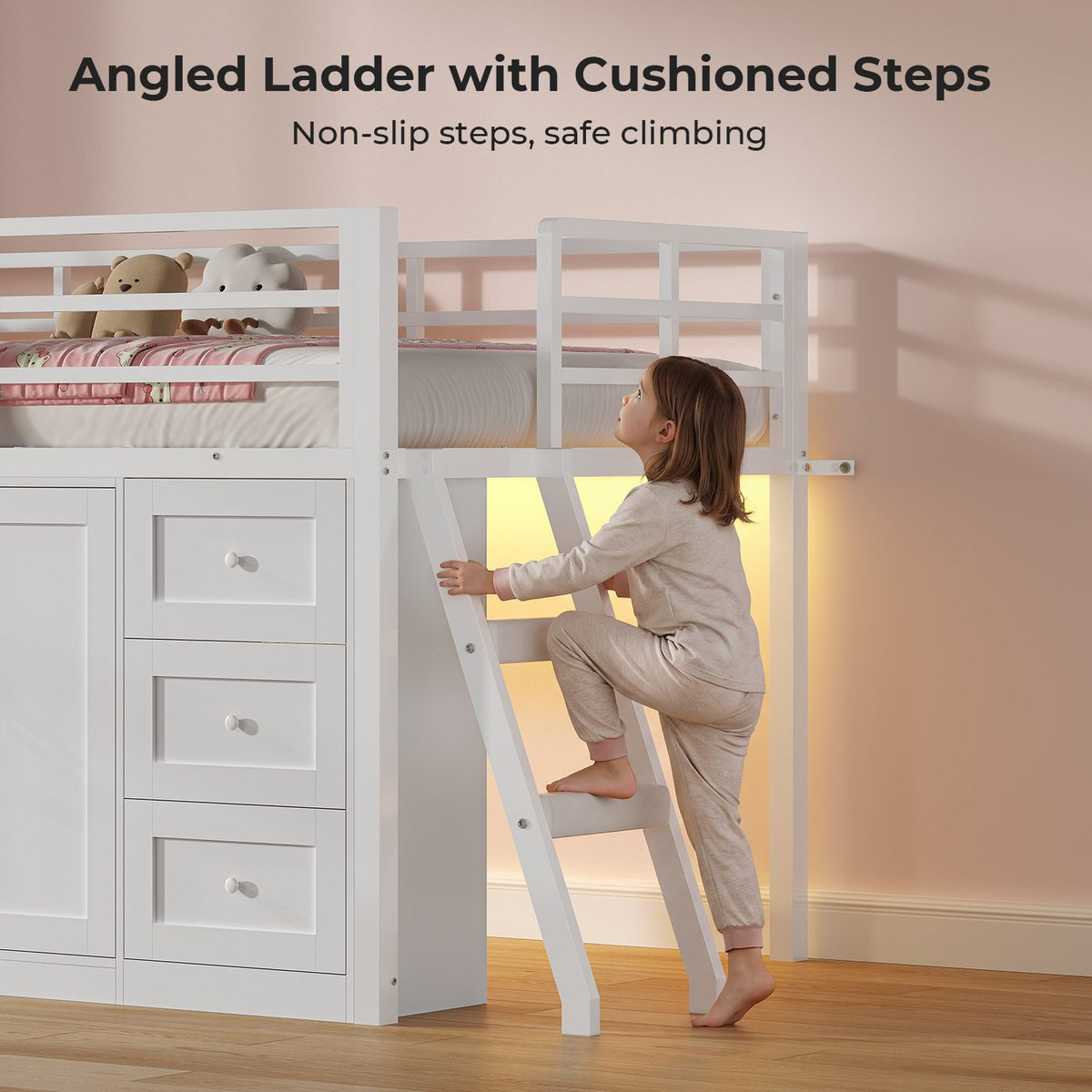 ADORNEVE Wooden Low Loft Bed Twin Size with 3 Drawers and Storage Cabinet LED Kids Loft Bed with Angled Ladder and Chalkboard Under-Bed Play Space