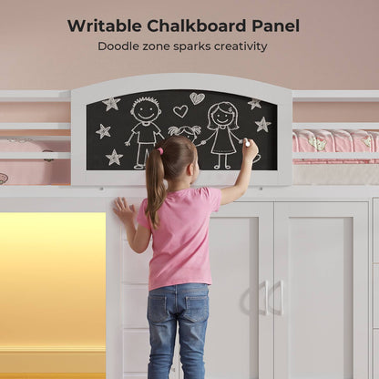 ADORNEVE Wooden Low Loft Bed Twin Size with 3 Drawers and Storage Cabinet LED Kids Loft Bed with Angled Ladder and Chalkboard Under-Bed Play Space