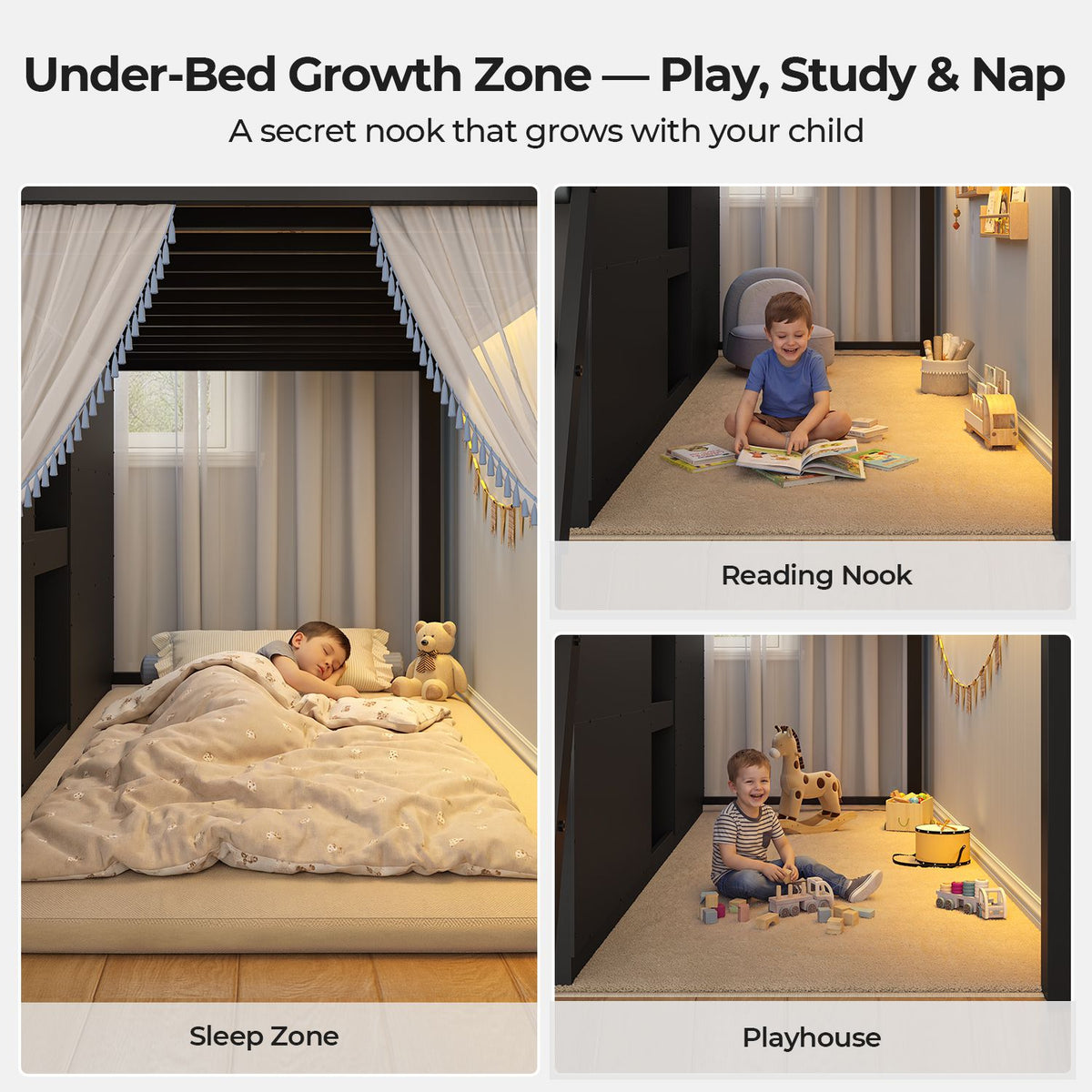 ADORNEVE Wooden Low Loft Bed Twin Size with 3 Drawers and Acrylic Cabinet LED Kids Loft Bed with Safety Guardrail and Secret Play Space