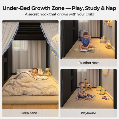 ADORNEVE Wooden Low Loft Bed Twin Size with 3 Drawers and Acrylic Cabinet LED Kids Loft Bed with Safety Guardrail and Secret Play Space