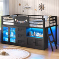 ADORNEVE Wooden Low Loft Bed Twin Size with 3 Drawers and Acrylic Cabinet LED Kids Loft Bed with Safety Guardrail and Secret Play Space