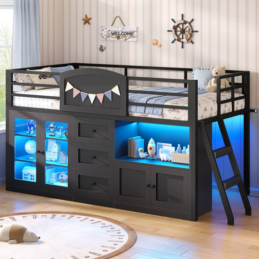 ADORNEVE Wooden Low Loft Bed Twin Size with 3 Drawers and Acrylic Cabinet LED Kids Loft Bed with Safety Guardrail and Secret Play Space