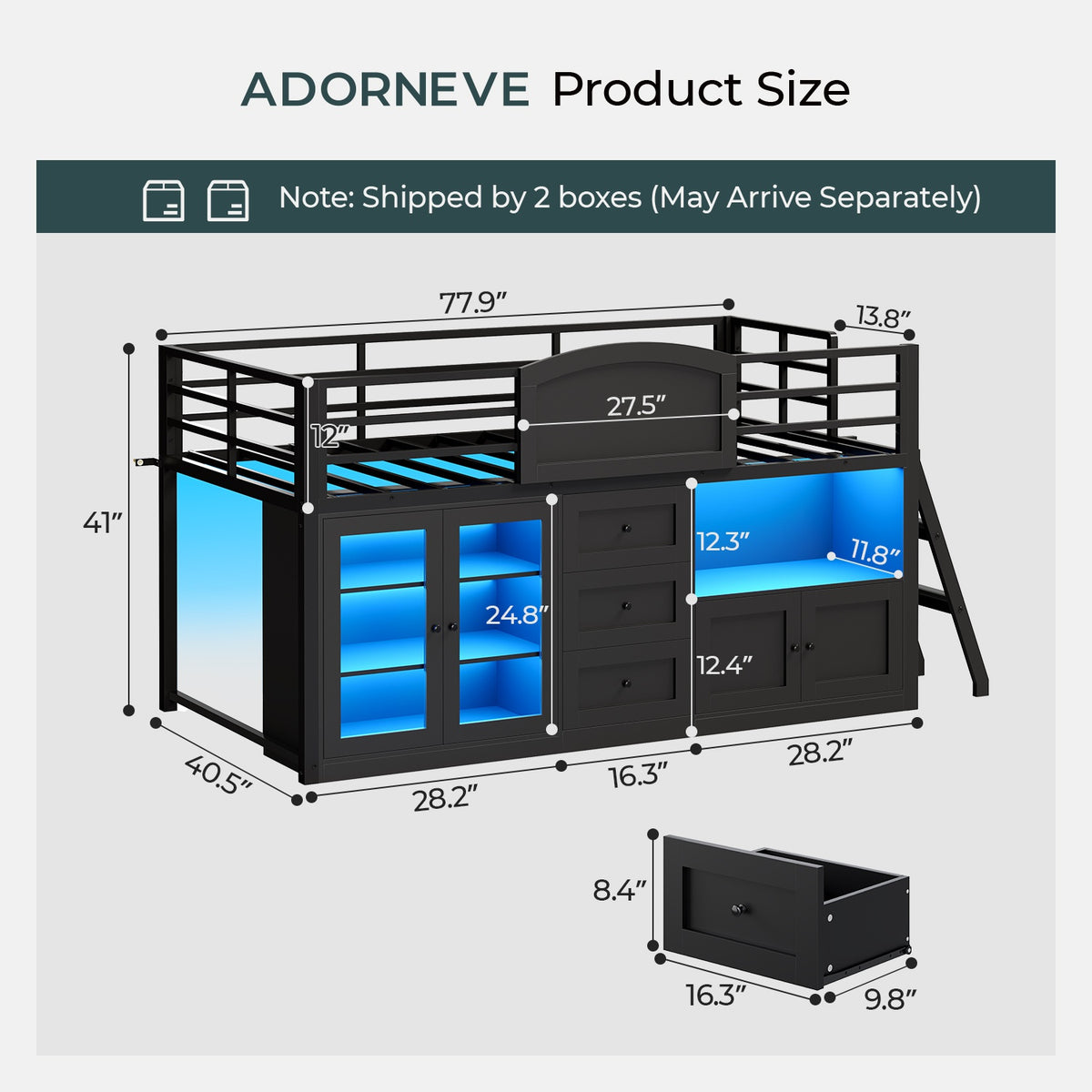 ADORNEVE Wooden Low Loft Bed Twin Size with 3 Drawers and Acrylic Cabinet LED Kids Loft Bed with Safety Guardrail and Secret Play Space