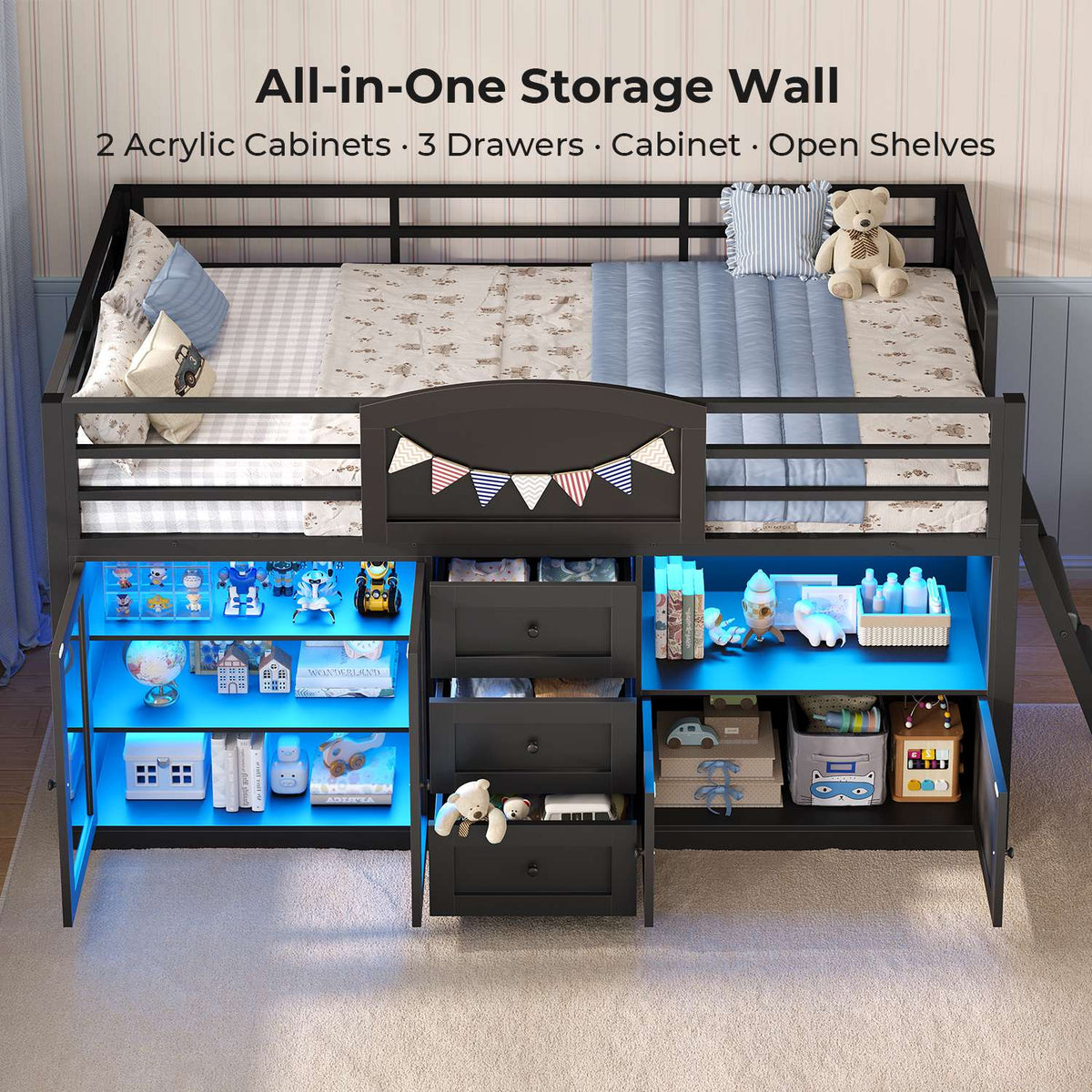 ADORNEVE Wooden Low Loft Bed Twin Size with 3 Drawers and Acrylic Cabinet LED Kids Loft Bed with Safety Guardrail and Secret Play Space