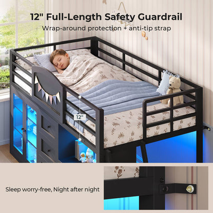 ADORNEVE Wooden Low Loft Bed Twin Size with 3 Drawers and Acrylic Cabinet LED Kids Loft Bed with Safety Guardrail and Secret Play Space