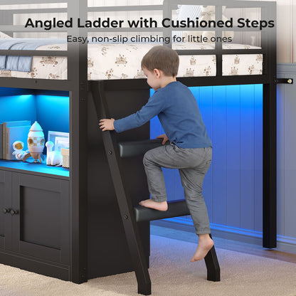 ADORNEVE Wooden Low Loft Bed Twin Size with 3 Drawers and Acrylic Cabinet LED Kids Loft Bed with Safety Guardrail and Secret Play Space