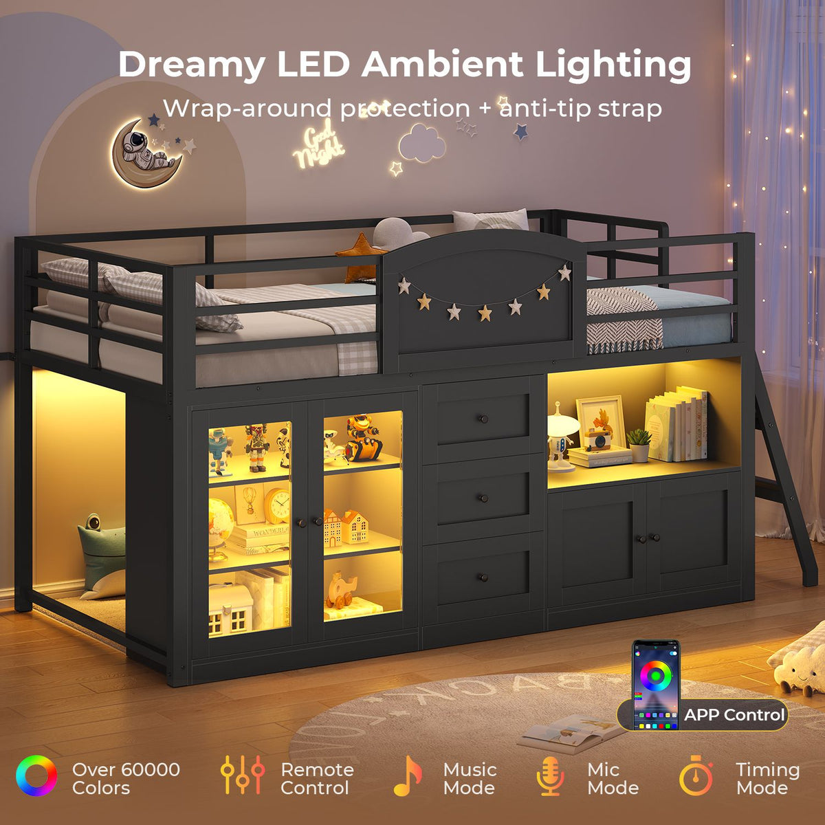 ADORNEVE Wooden Low Loft Bed Twin Size with 3 Drawers and Acrylic Cabinet LED Kids Loft Bed with Safety Guardrail and Secret Play Space