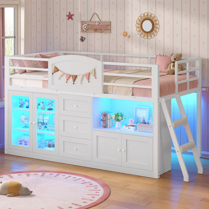 ADORNEVE Wooden Low Loft Bed Twin Size with 3 Drawers and Acrylic Cabinet LED Kids Loft Bed with Safety Guardrail and Secret Play Space
