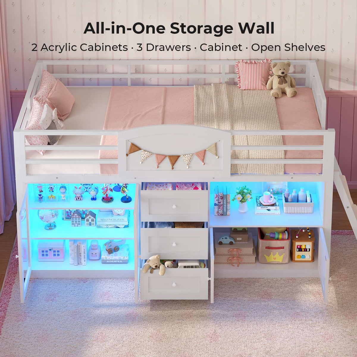 ADORNEVE Wooden Low Loft Bed Twin Size with 3 Drawers and Acrylic Cabinet LED Kids Loft Bed with Safety Guardrail and Secret Play Space