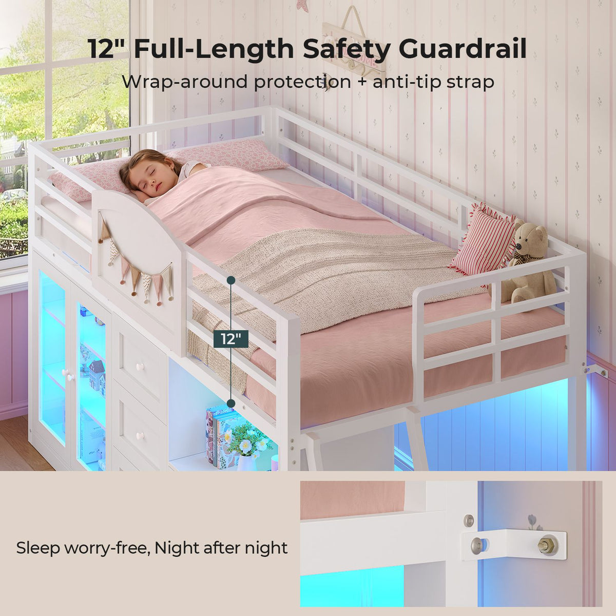 ADORNEVE Wooden Low Loft Bed Twin Size with 3 Drawers and Acrylic Cabinet LED Kids Loft Bed with Safety Guardrail and Secret Play Space