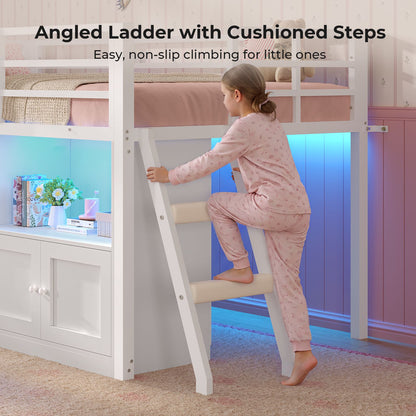 ADORNEVE Wooden Low Loft Bed Twin Size with 3 Drawers and Acrylic Cabinet LED Kids Loft Bed with Safety Guardrail and Secret Play Space