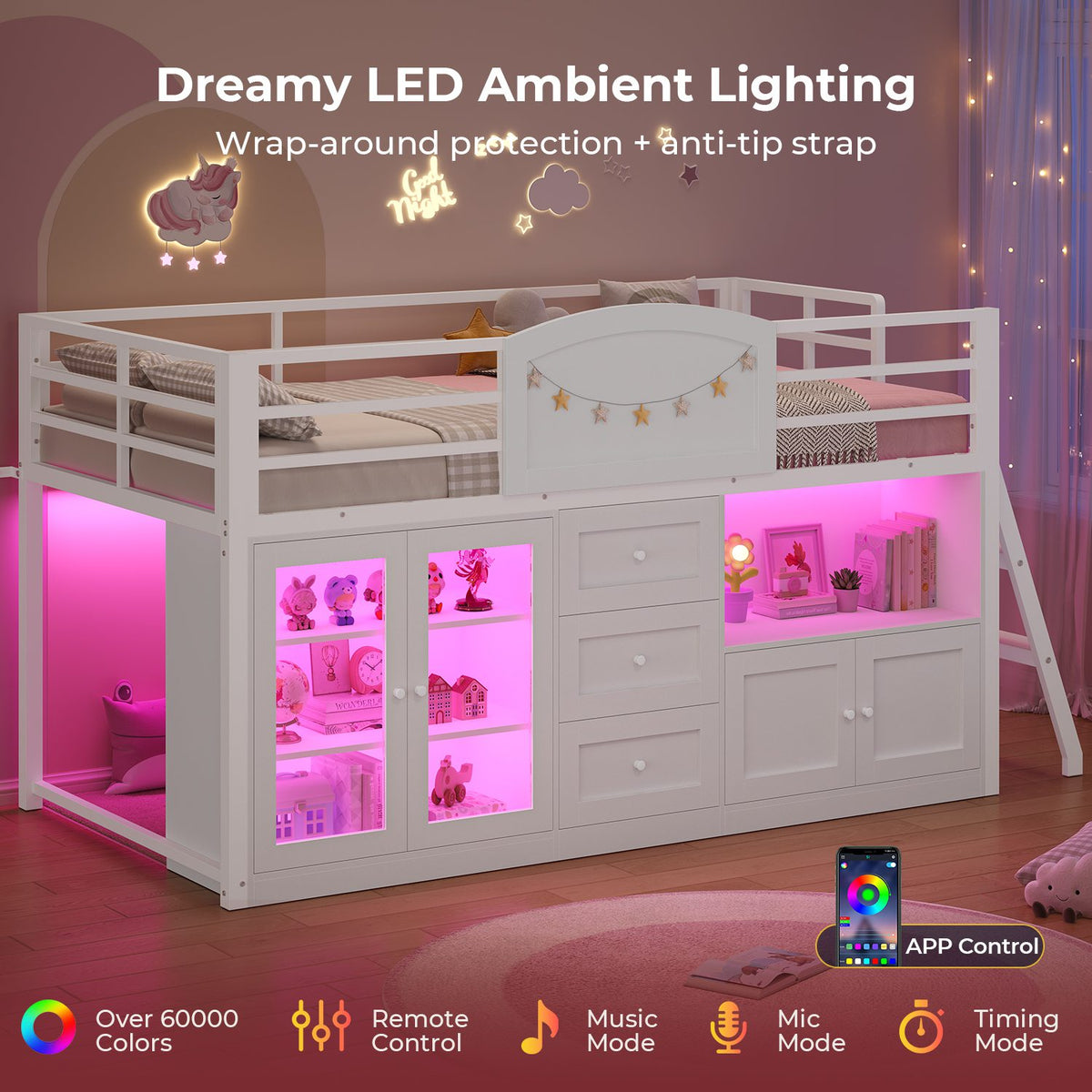 ADORNEVE Wooden Low Loft Bed Twin Size with 3 Drawers and Acrylic Cabinet LED Kids Loft Bed with Safety Guardrail and Secret Play Space