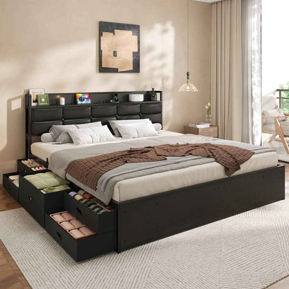 ADORNEVE | King Size Bed Frame with Storage Headboard & 10 Storage Drawers Industrial King Bed Frame with Charging Station