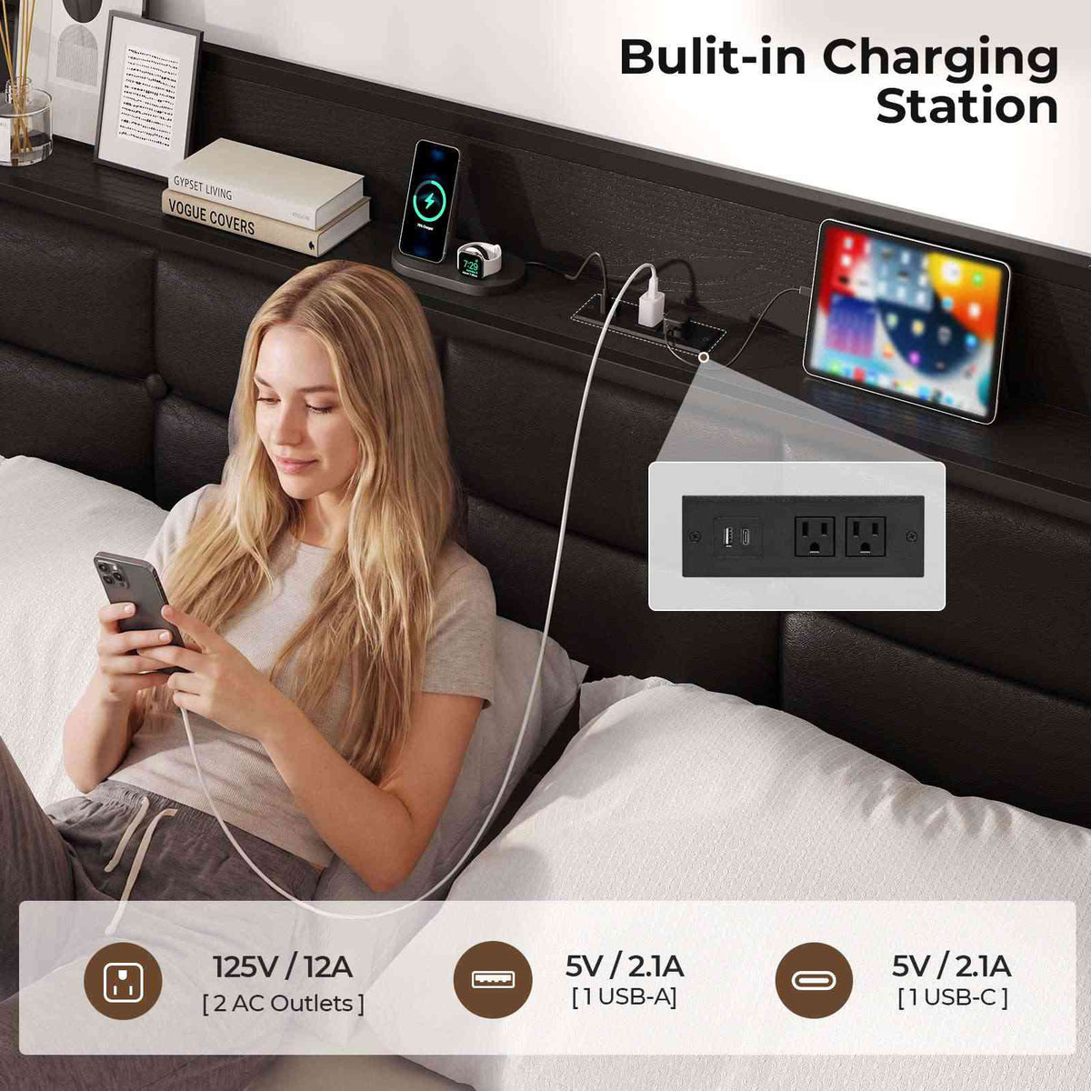 ADORNEVE | King Size Bed Frame with Storage Headboard & 10 Storage Drawers Industrial King Bed Frame with Charging Station
