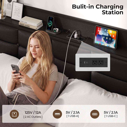 ADORNEVE | King Size Bed Frame with Storage Headboard & 10 Storage Drawers Industrial King Bed Frame with Charging Station