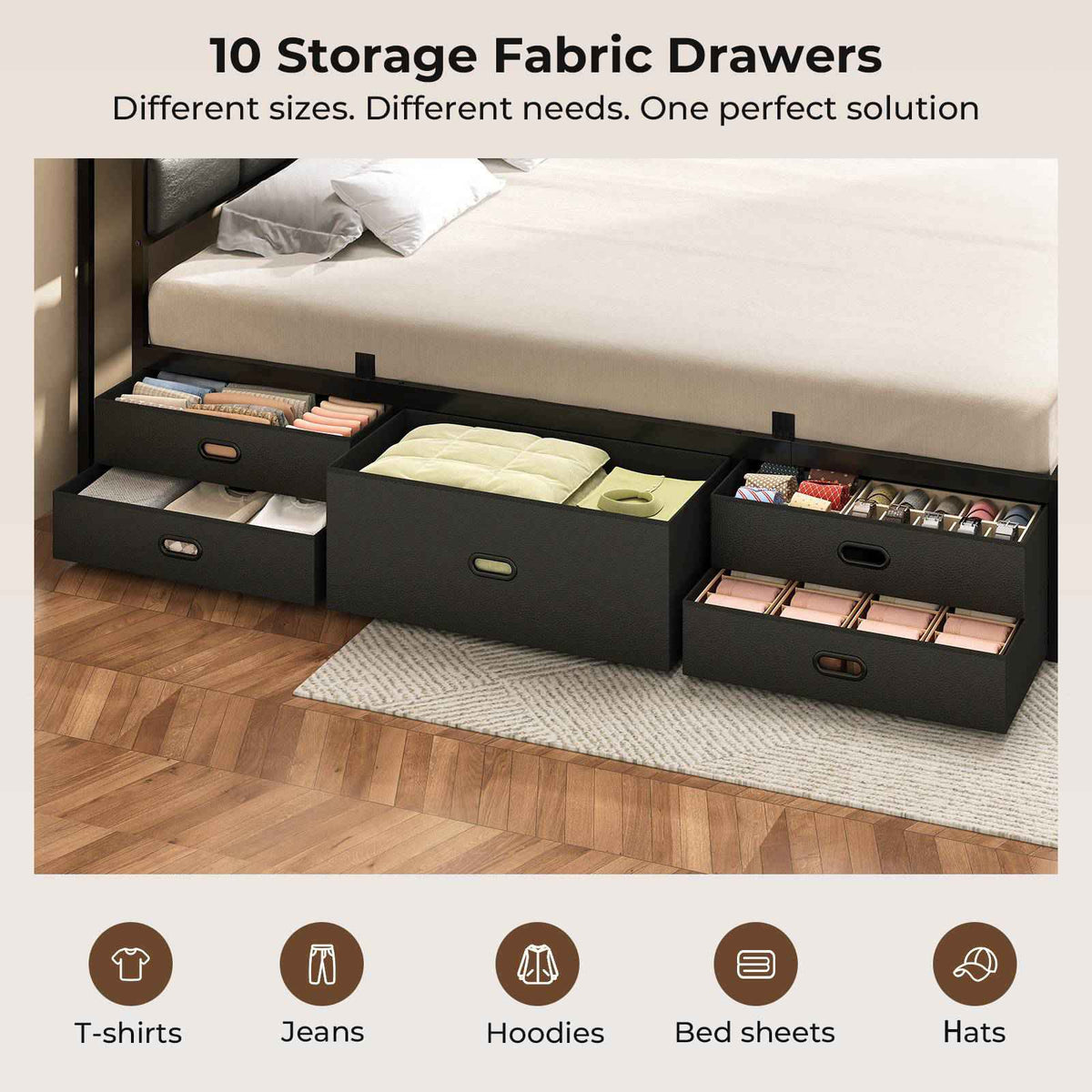 ADORNEVE | King Size Bed Frame with Storage Headboard & 10 Storage Drawers Industrial King Bed Frame with Charging Station