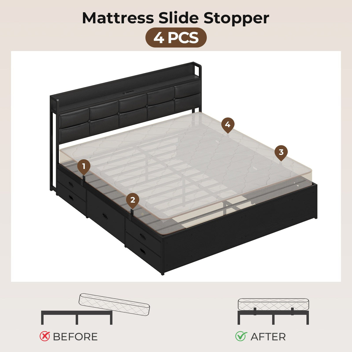 ADORNEVE | King Size Bed Frame with Storage Headboard & 10 Storage Drawers Industrial King Bed Frame with Charging Station