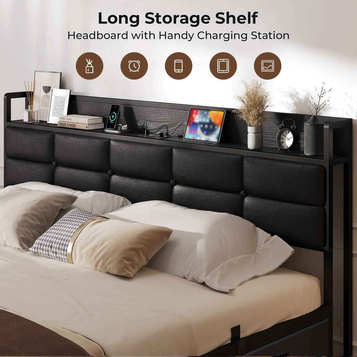 ADORNEVE | King Size Bed Frame with Storage Headboard & 10 Storage Drawers Industrial King Bed Frame with Charging Station
