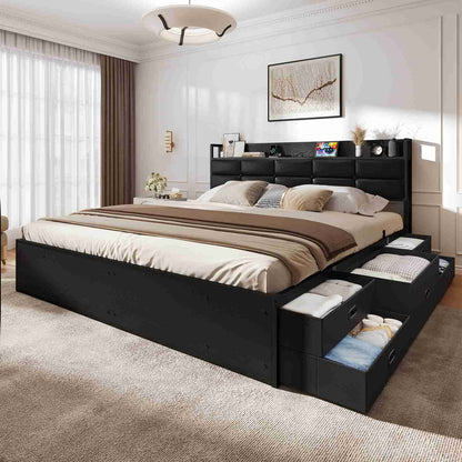 ADORNEVE | King Size Bed Frame with Storage Headboard & 10 Storage Drawers Industrial King Bed Frame with Charging Station