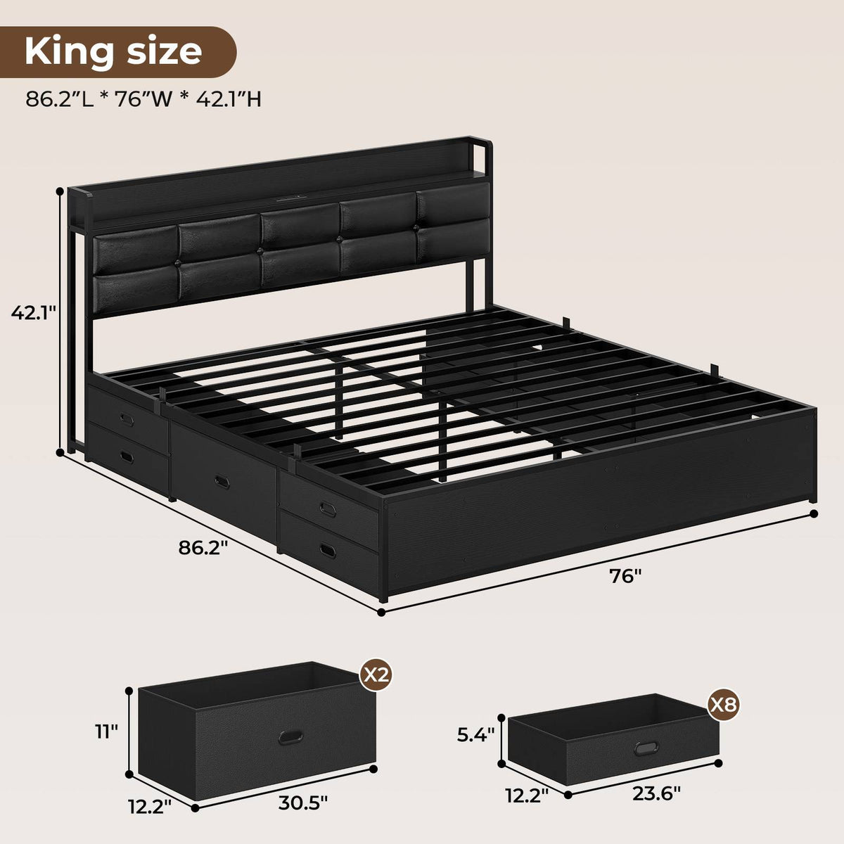ADORNEVE | King Size Bed Frame with Storage Headboard & 10 Storage Drawers Industrial King Bed Frame with Charging Station