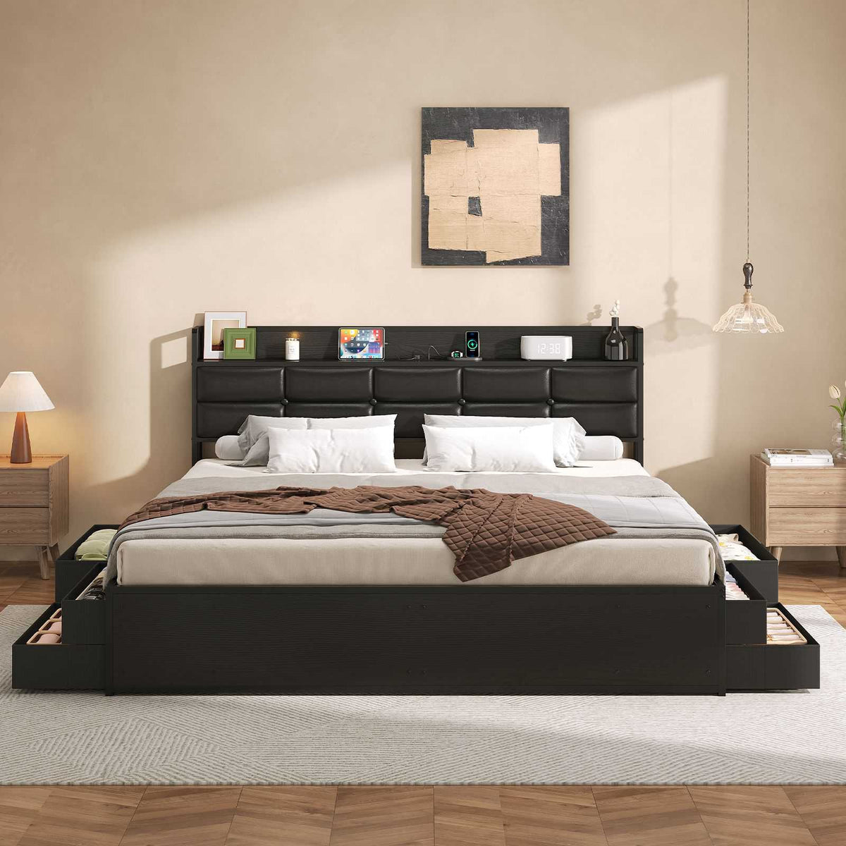 ADORNEVE | King Size Bed Frame with Storage Headboard & 10 Storage Drawers Industrial King Bed Frame with Charging Station