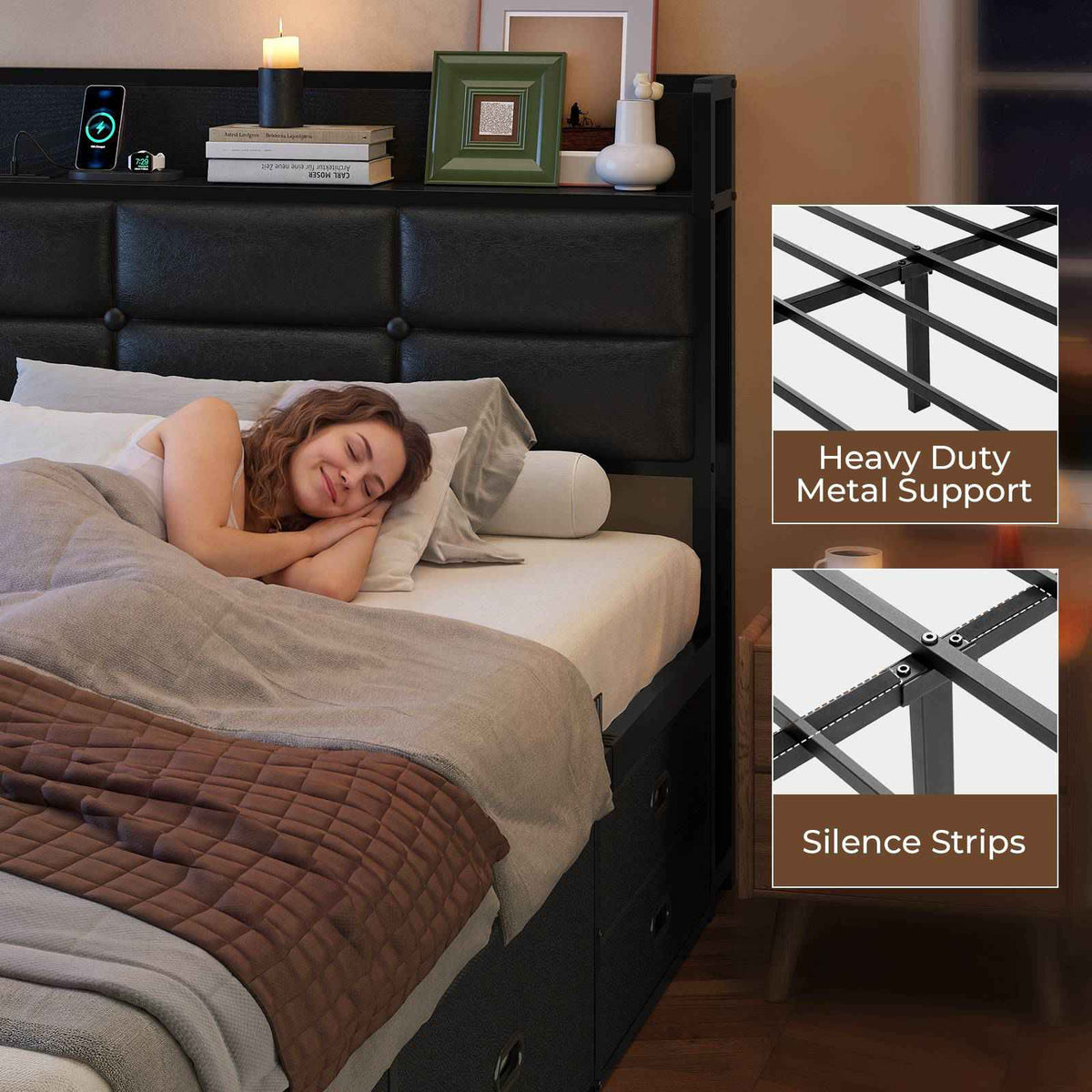ADORNEVE | King Size Bed Frame with Storage Headboard & 10 Storage Drawers Industrial King Bed Frame with Charging Station
