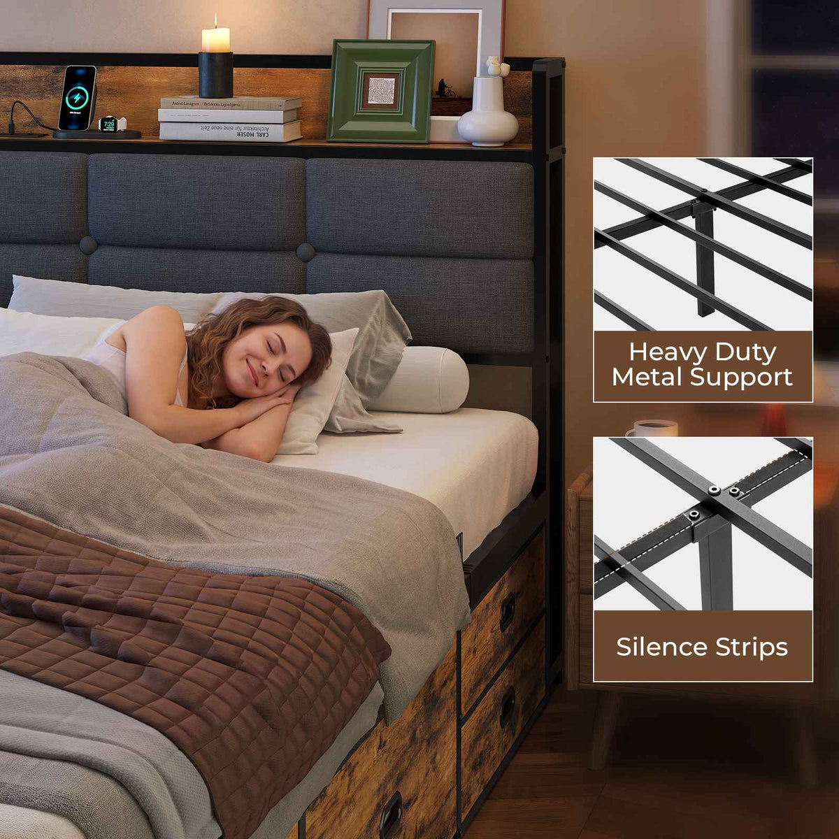 ADORNEVE | King Size Bed Frame with Storage Headboard & 10 Storage Drawers Industrial King Bed Frame with Charging Station