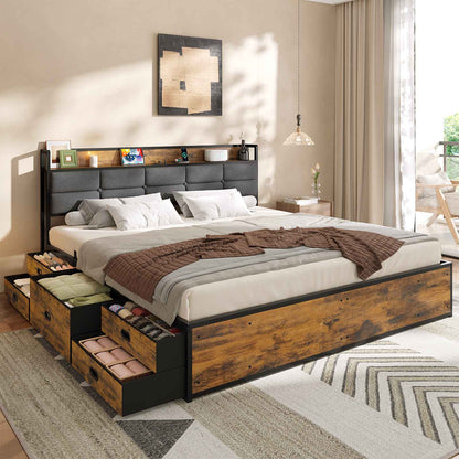 ADORNEVE | King Size Bed Frame with Storage Headboard & 10 Storage Drawers Industrial King Bed Frame with Charging Station