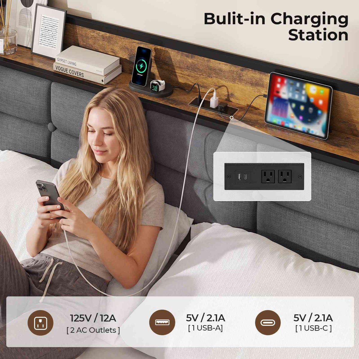ADORNEVE | King Size Bed Frame with Storage Headboard & 10 Storage Drawers Industrial King Bed Frame with Charging Station