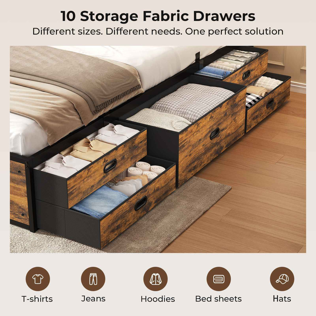ADORNEVE | King Size Bed Frame with Storage Headboard & 10 Storage Drawers Industrial King Bed Frame with Charging Station