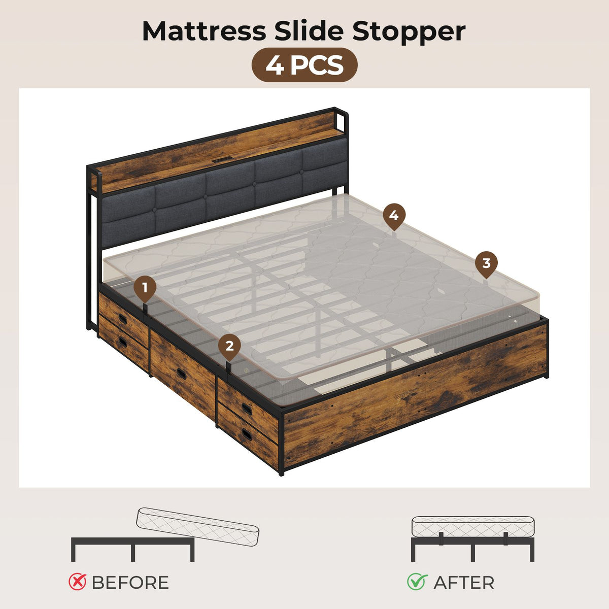 ADORNEVE | King Size Bed Frame with Storage Headboard & 10 Storage Drawers Industrial King Bed Frame with Charging Station